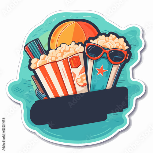 Box with popcorn and sunglasses. Label to announce the start of the summer party. Cartoon illustration. white background, label, sticker