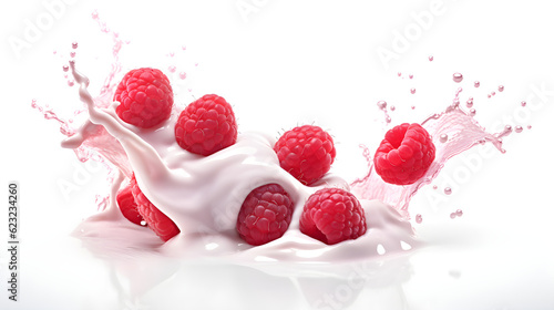 A burst of yogurt collides with juicy raspberries, creating a delightful splash on a clean white canvas.