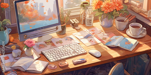 A bird’s - eye view of a home workspace, spread out with sketches, colored pencils, a bright iMac showing a design software, a plant, coffee mug, set against a lively atmosphere of a rainy day, imagin photo