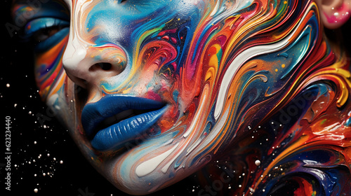 Abstract image of swirling, vibrant makeup colors melting into each other, resembling a galaxy, glittery texture, cosmic and psychedelic style