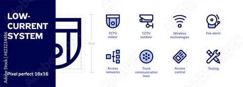 Сommunication lines: CCTV, Access networks, wireless technologies, wi-fi. Size: 16x16 px. Two color