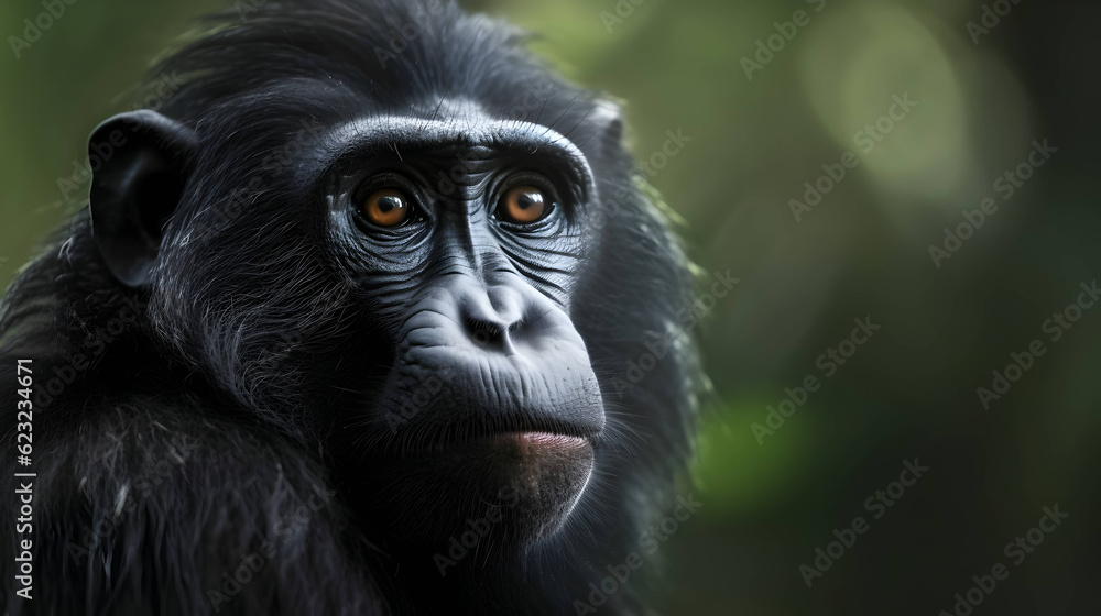 Celebes crested Macaque, Macaca nigra, black monkey, detail portrait, sitting in the nature habitat, dark tropical forest, wildlife Asia,Generative Ai Celebes crested Macaque, Macaca nigra, black monkey, detail portrait, sitting in the nature habitat, dark tropical forest, wildlife Asia,Generative Ai