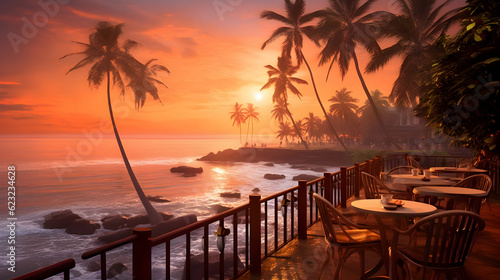 Cafe with beautiful view to the ocean on tropical coastline at sunset background in India,Generative Ai