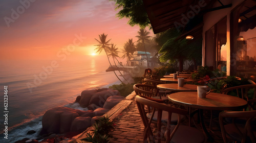 Cafe with beautiful view to the ocean on tropical coastline at sunset background in India Generative Ai