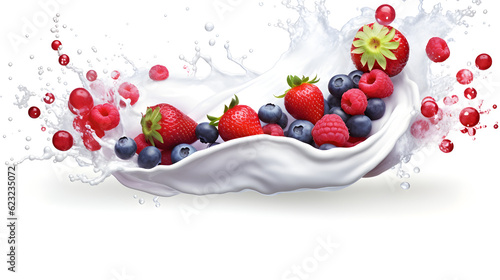 On a white stage, a mesmerizing interaction unfolds as a yogurt splash dances with the succulent mix of strawberries, blueberries, and raspberries, creating a tantalizing composition.
