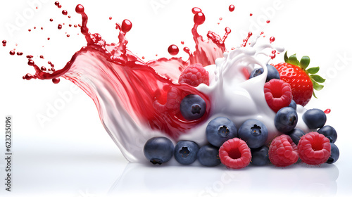 The velvety texture of yogurt embraces the burst of colors from strawberries, blueberries, and raspberries, frozen in a mid-splash moment against a pure white backdrop.