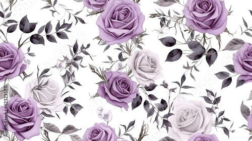  a pattern of purple roses and leaves on a white background.  generative ai