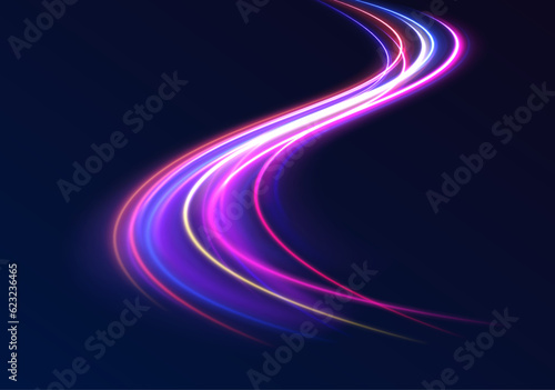 Vector speed of light in space on dark background. Abstract background in blue, yellow and orange neon colors. Magic of moving fast lines. Laser beams, horizontal light rays. Particle motion effect. 