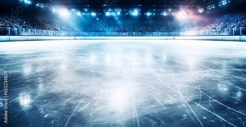 Hockey stadium, empty sports arena with ice rink, cold background with bright lighting - AI generated image