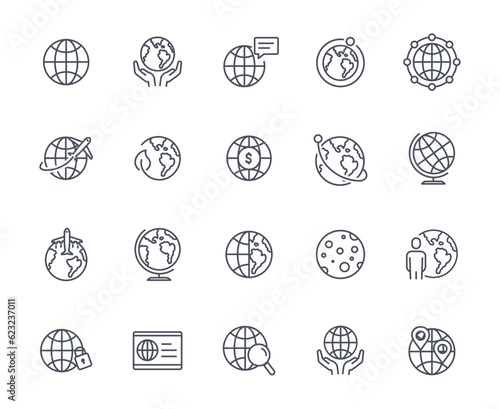Globe and planet outline icons set