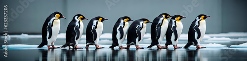 Funny image created by generative AI of several penguins in a row walking on the ice.