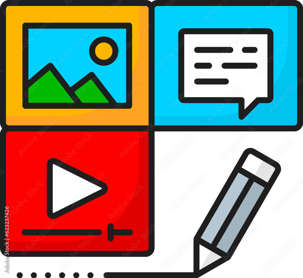 Content edit, CMS, content management system icon. Vector edit pencil, video, music and photography media files isolated color line symbol of CMS development and web marketing technologies Content edit, CMS, content management system icon. Vector edit pencil, video, music and photography media files isolated color line symbol of CMS development and web marketing technologies