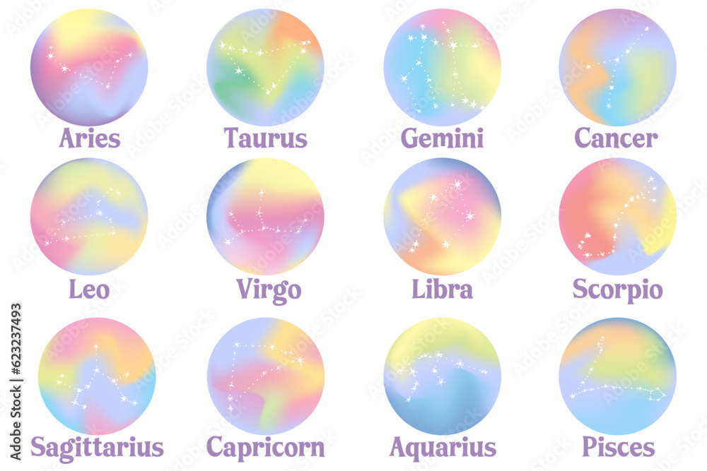 Set of zodiac signs on a holographic gradient background. Astrological horoscope. Constellation Aries, Taurus, Leo, Gemini, Cancer, Virgo, Libra, Scorpio, Sagittarius, Aquarius, Capricorn, Pisces. Set of zodiac signs on a holographic gradient background. Astrological horoscope. Constellation Aries, Taurus, Leo, Gemini, Cancer, Virgo, Libra, Scorpio, Sagittarius, Aquarius, Capricorn, Pisces.