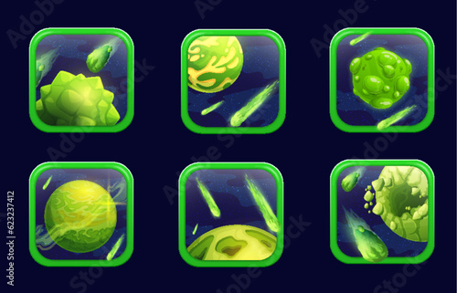 Cartoon space game app icons with green planets and asteroids for mobile application, vector buttons. Galaxy fantasy or space planets adventure or cosmic game interface, UI frames and phone GUI icons