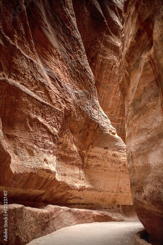 View of the canyon and the high, winding, mountain walls of the canyon. Petra, Jordan © Natallia