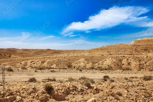 View of Sahara desert hills with sand dunes and stones, vegetation and blue sky. Landscape photography of expanses of sandy desert sunny day, Sahara, Tozeur city, Tunisia, Africa. Copy ad text space