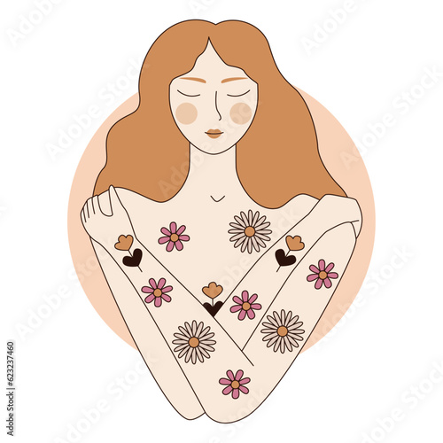 Woman hugging herself. A girl who is satisfied and loves herself. The concept of self-love, self care and self-acceptance. Person with healthy self-perception. Stock vector illustration	
