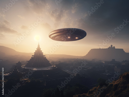 UFO flying over ancient city in night created with Generative AI technology.