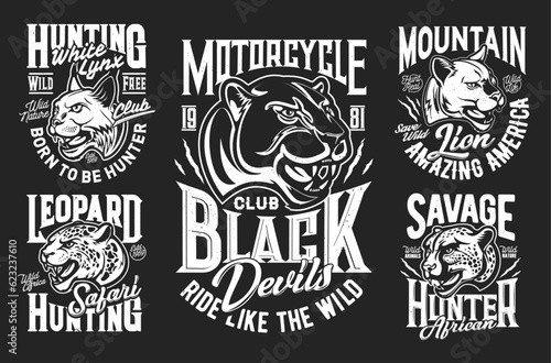 Cheetah, leopard, puma, lynx and mountain lion mascots and t-shirt prints. Bikers motorcycle club, African safari hunting travel or nature park clothing, t-shirt monochrome vector print with wild cats