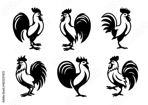 Rooster, cockerel or cock silhouette icon. Livestock meat production, business company monochrome emblem, poultry agriculture or domestic bird farm retro vector icon or symbol with roosters