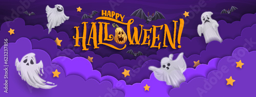 Halloween paper cut banner. Flying ghosts and bats in night sky clouds. Happy Halloween holiday party vector 3d background or paper cut horizontal poster with pumpkin lantern  flying in cloud monsters