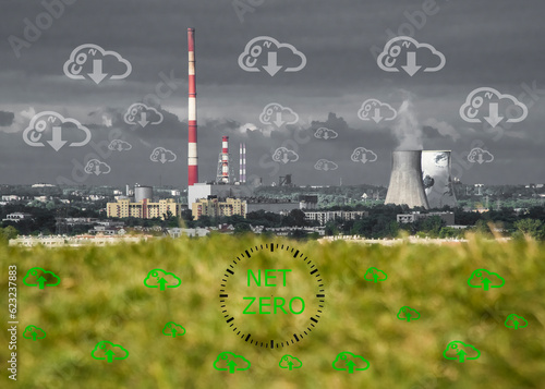 Fabryka z kominami na tle szarego nieba i zieleni. Ikony z dwutlenkiem węgla i tlenem. Strategia długoterminowego redukowania zanieczyszczeń.