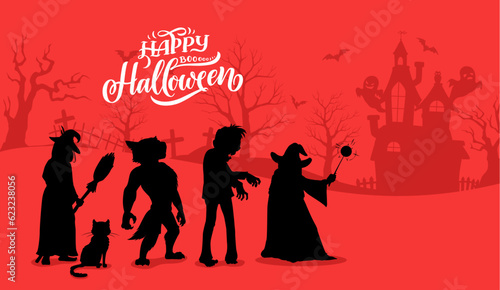 Halloween characters silhouettes. Vector background with zombie, witch, black cat, wizard and werewolf spooky personages on cemetery with old castle. Night graveyard with tombs, scary trees and bats