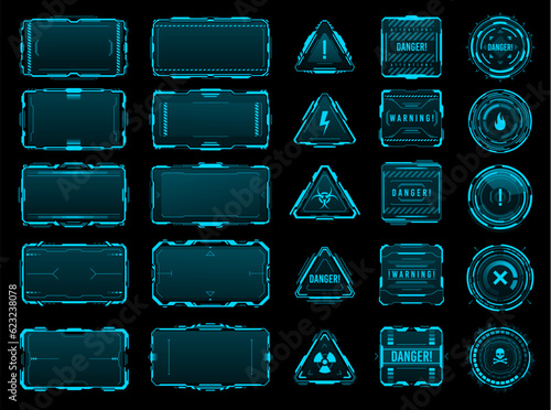 HUD danger and warning interface frames of futuristic cyber technology, vector UI. HUD danger alert and warning frames for game dashboard screen, caution or hazard danger message box hologram