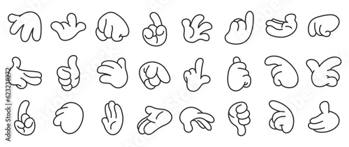 Set of 70s groovy comic hand vector. Collection of cartoon character hands, in different poses, okay, pointing, victory sign, high five. Cute retro groovy hippie illustration for decorative, sticker