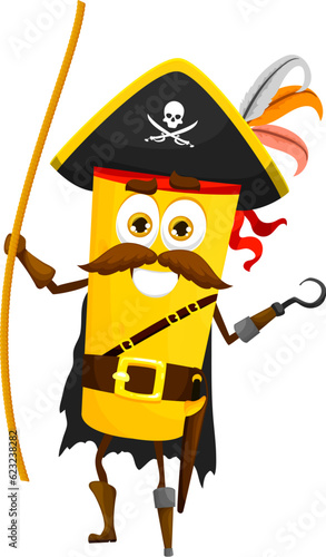 Cartoon cannelloni italian pasta pirate character. Italy cuisine meal filibuster captain cheerful personage, pasta buccaneer or cannelloni pirate isolated vector funny mascot with tricorn hat and hook