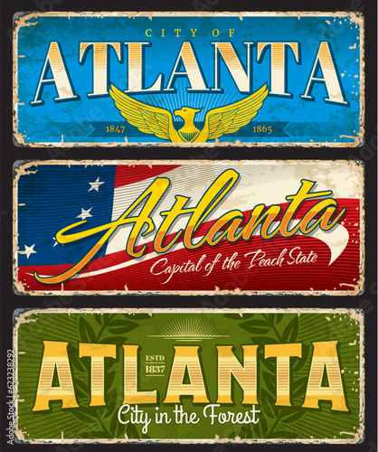 Atlanta city travel plates and stickers, USA American tin signs, vector luggage tags. United States of America grunge plates with Atlanta city flag, emblem and landmarks or state symbols and slogan