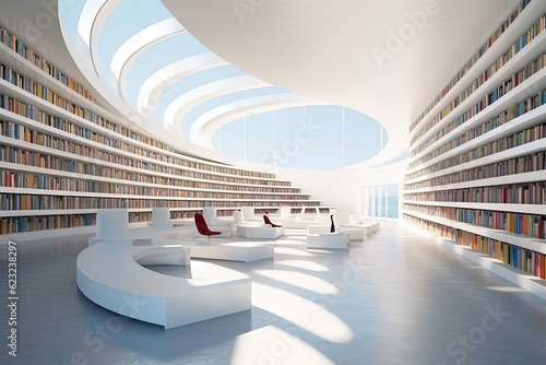 Futuristic modern white public library. Light and spacious modern library with Bookshelves, working space. photo