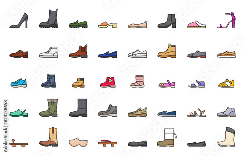 Footwear line icons, shoes, sneaker and boots, vector fashion foot wear pictograms. Shoes icons of sport sneakers, women high heels and leather sandals, kid flip-flops and men loafer or clogs photo