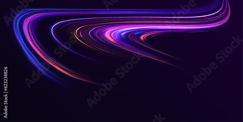 Abstract futuristic neon background with glowing ascending lines. Light Trails On Road At Night. Image of speed motion on the road. 