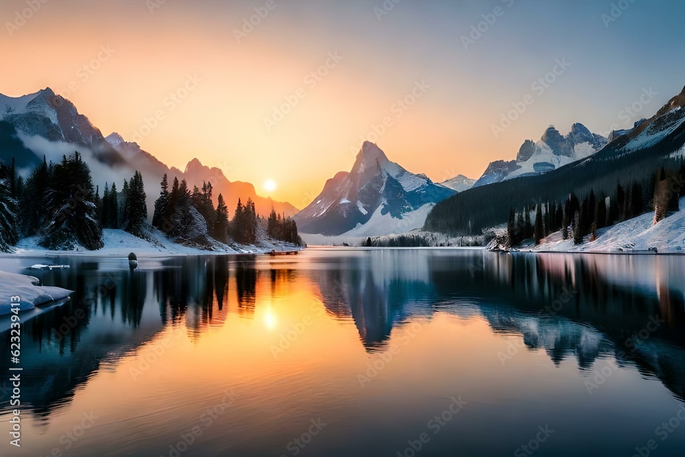 sunrise over the lake  generated by AI technology 