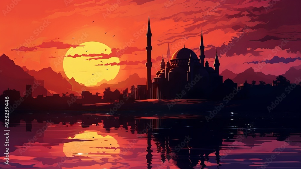 Obraz premium silhouette of the mosque at sunset Generative AI