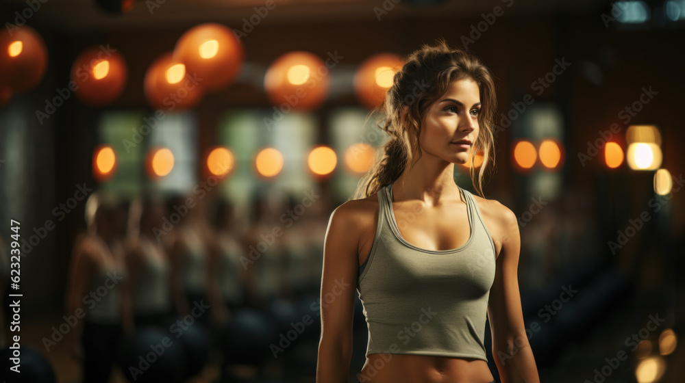 Fit woman in gym background created with generative AI technology