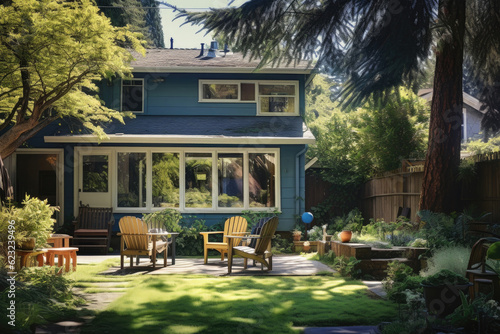Traditional american house facade in suburb. Facade of old family house with lawn and backyard. Real estate and private property. Created with Generative AI