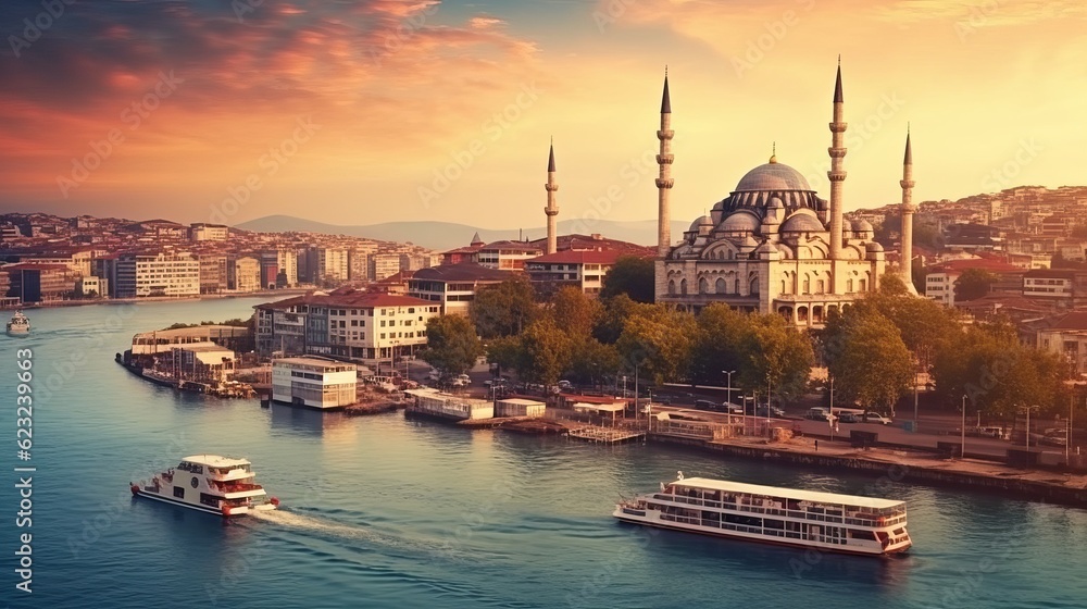 Blue Mosque and Bosporus panorama, Istanbul, Turkey Generative AI