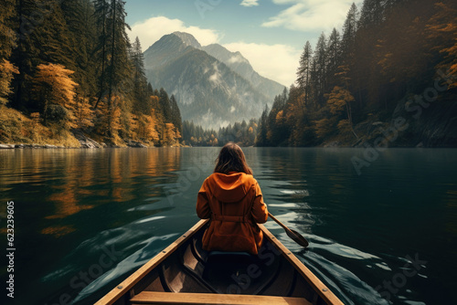 Back view of woman is sailing on boat on lake in beautiful mountain landscape. Outdoor activities. Sporty lifestyle. Created with Generative AI