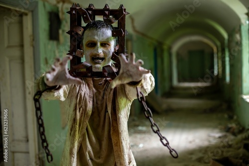 Tableau sur toile Ghost of maniac with cage on his head squirming in corridor of abandoned asylum
