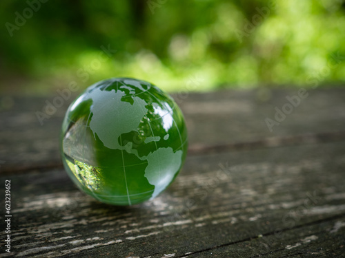 glass earth globe in forest