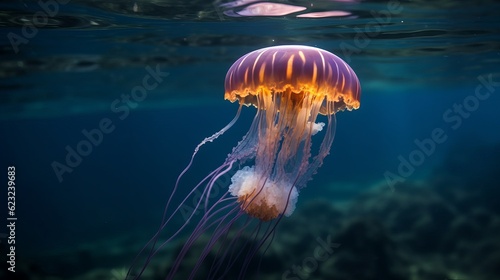 A small jellyfish swims just under the surface of the sea in Raja Ampat, Indonesia. Jellyfish are often found in substantial numbers, called a bloom of jellies Generative AI