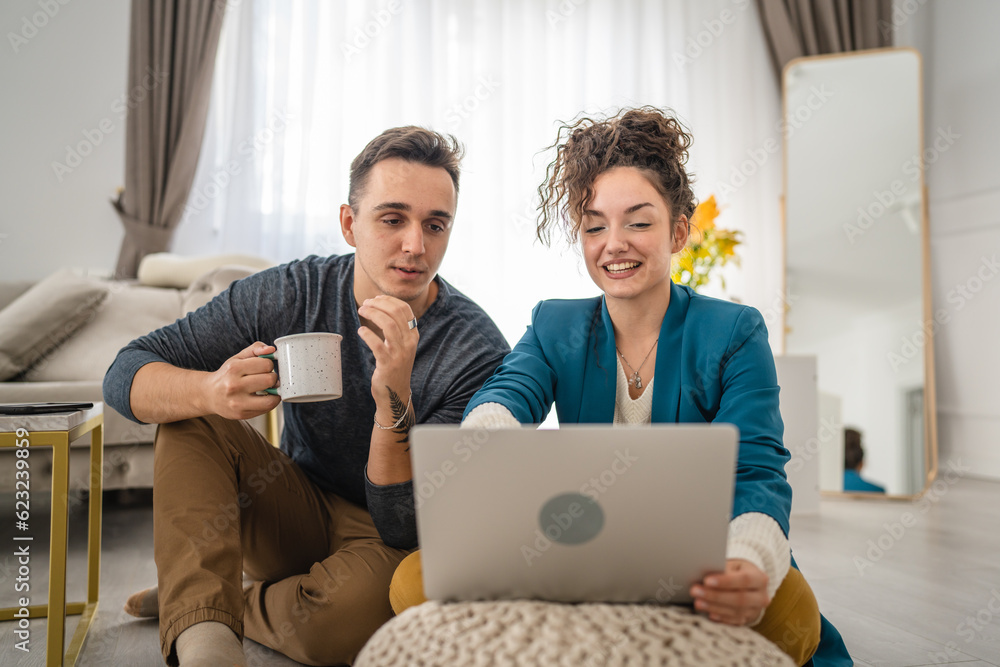 woman and man use laptop computer at home family work leisure concept woman and man use laptop computer at home family work leisure concept