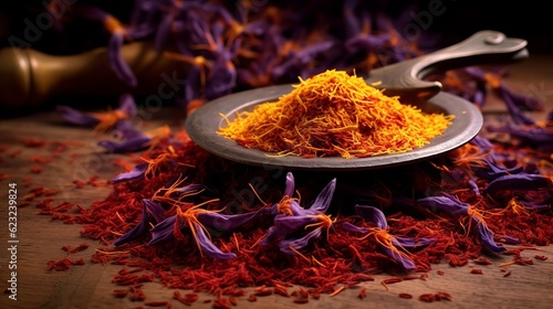 Dried saffron spice and Saffron flower Generative AI photo