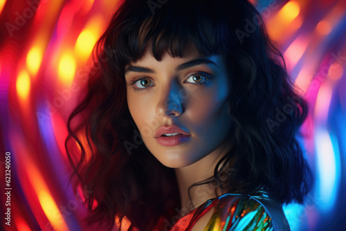 Woman fashion portrait on abstract colorful background. Female model looking at camera, neon colored lighting. Created with Generative AI