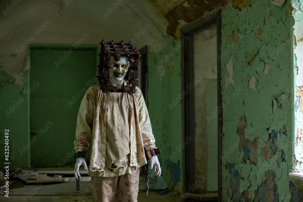Ghost of maniac with cage on his head walking down corridor of abandoned asylum.