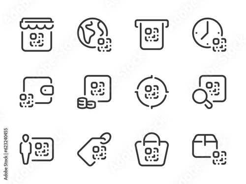 QR code vector line icons. Coded information outline icon set. Digital tag, Code scan, Encrypted data, Link barcode and more.