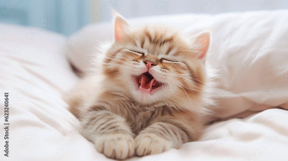 Cute little kitten yawning on bed at home, closeup. selective focus.