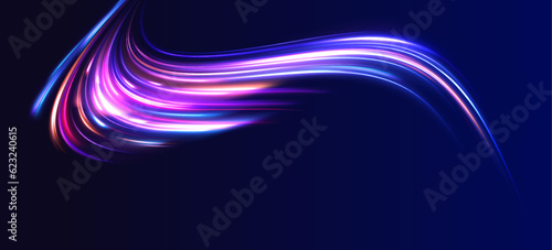 Luminous bright background. High speed effect motion blur night lights blue and red. Magic shining neon light line trails. Purple glowing wave swirl, impulse cable lines. Long time exposure. Vector	